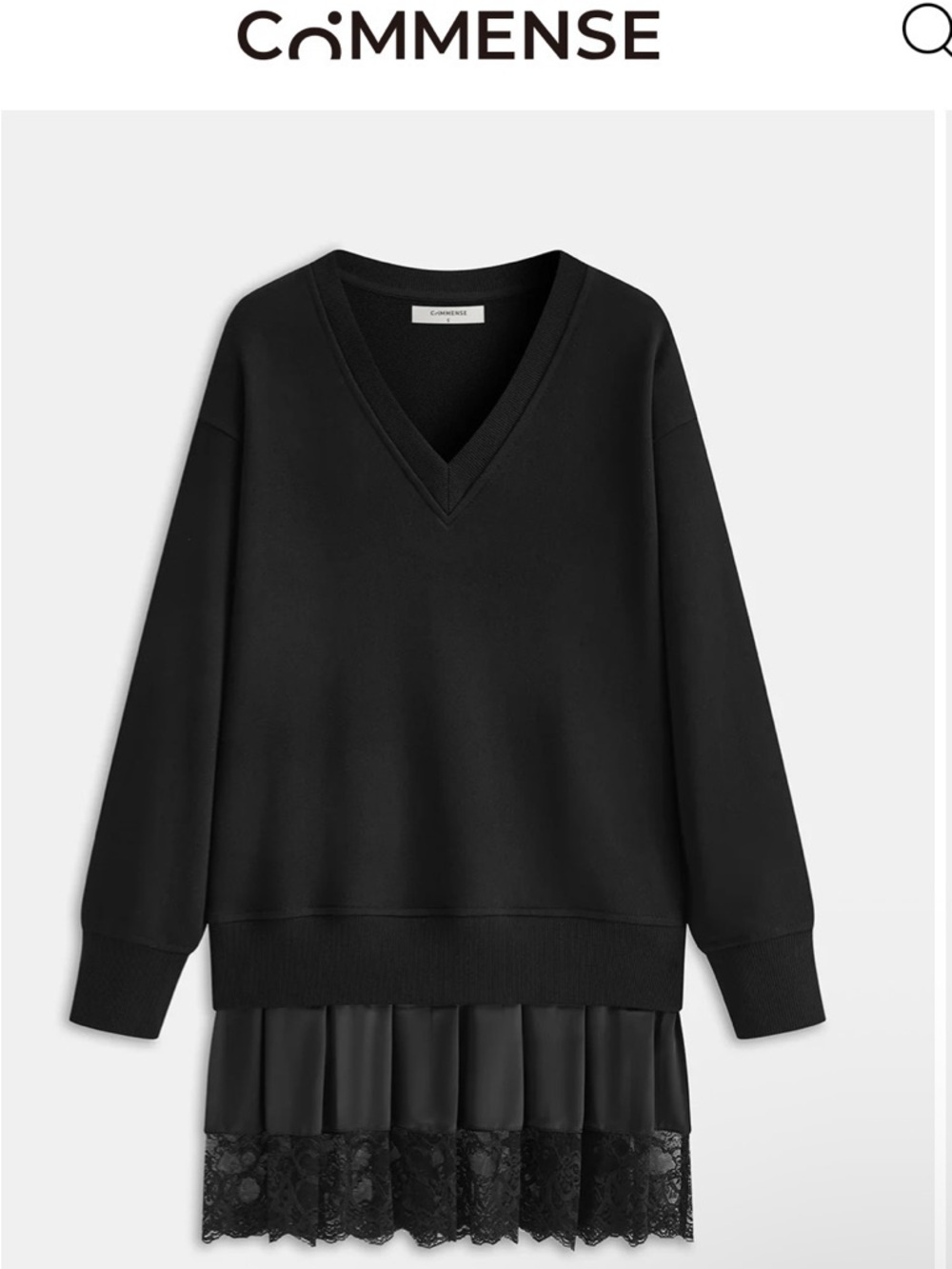 Commense Black V-Neck Sweater dress  with Lace Trim